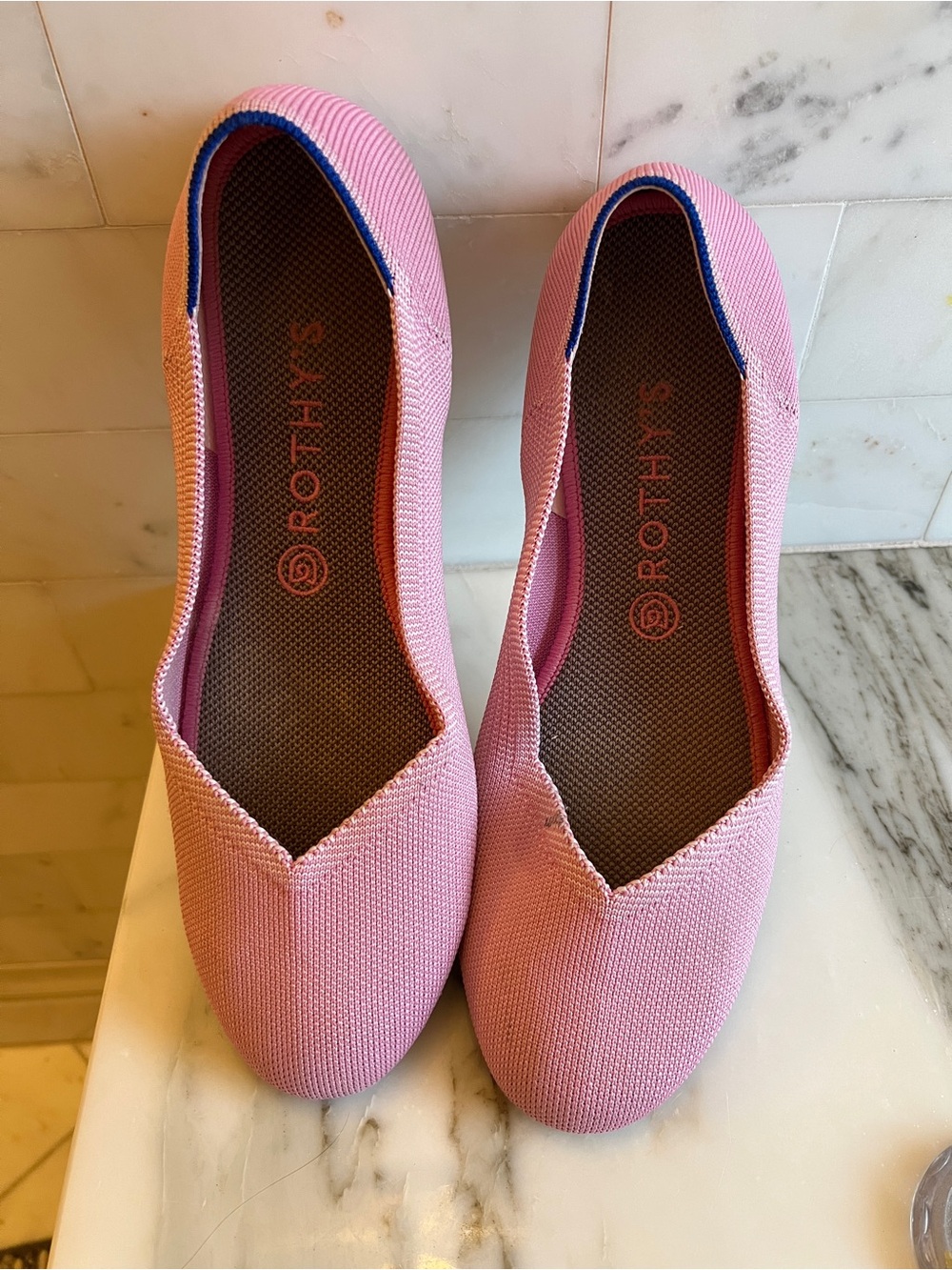 Rothy's Pink Pointed Knit Flats with Navy Trim
